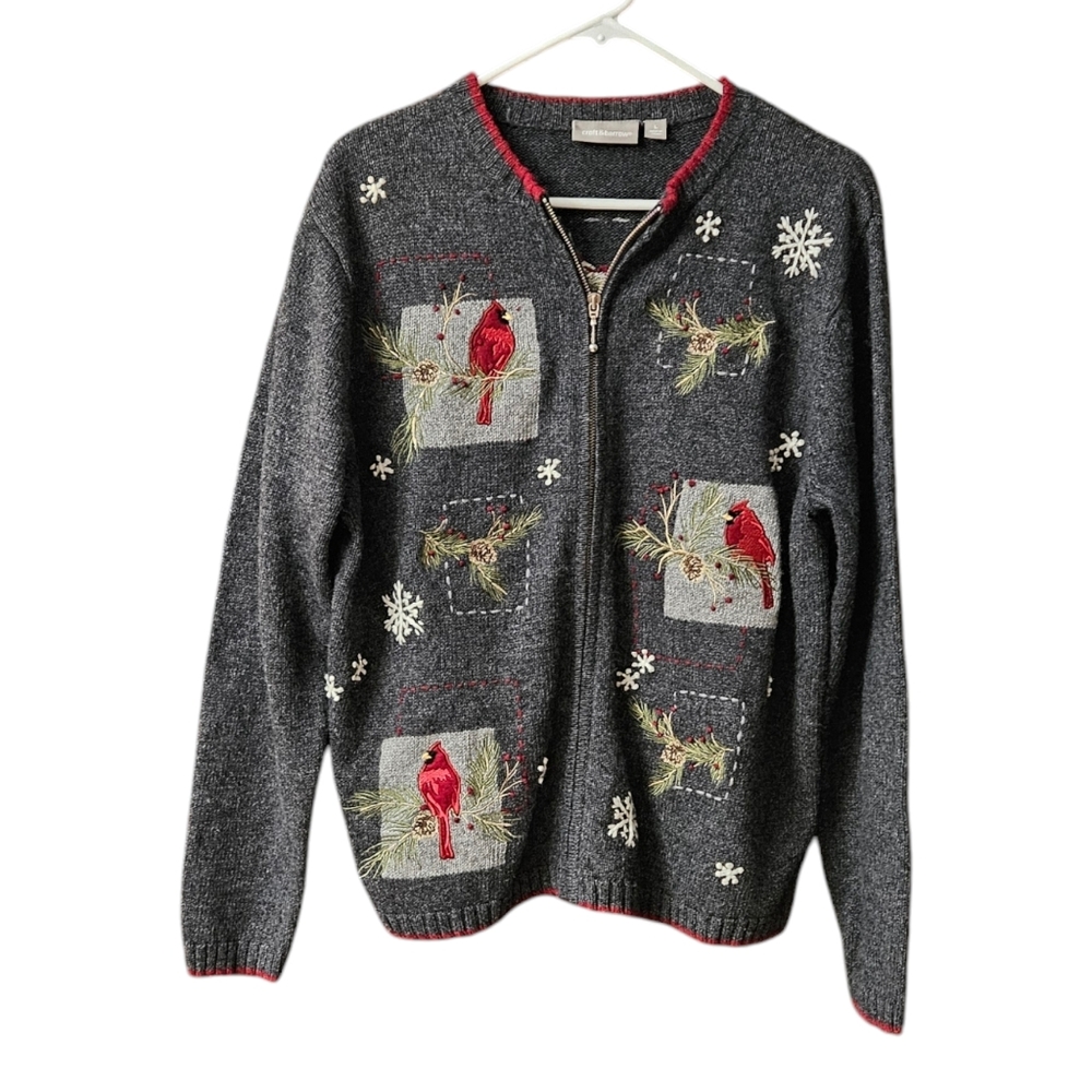 Croft & Barrow Full Zip Cardigan Sweater Women's L Cardinals Holiday Gray